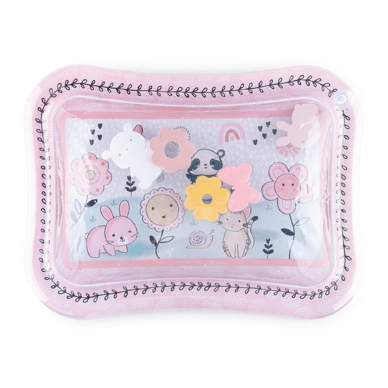 The Peanutshell Happy Garden tummy time water mat with floating animals for baby sensory play.