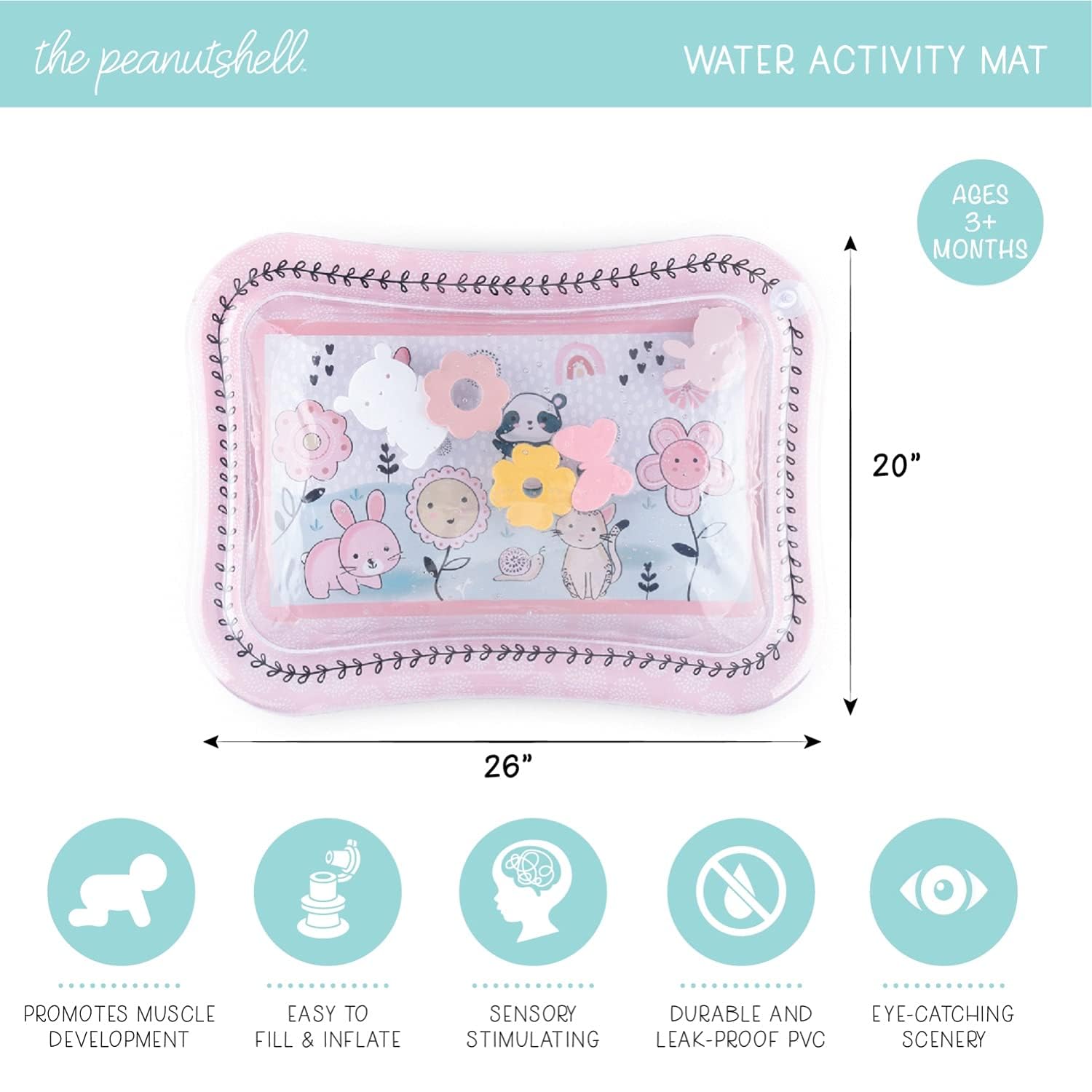 The Peanutshell high-contrast animals on the water mat support visual tracking during tummy time.