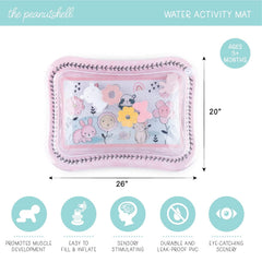 The Peanutshell high-contrast animals on the water mat support visual tracking during tummy time.