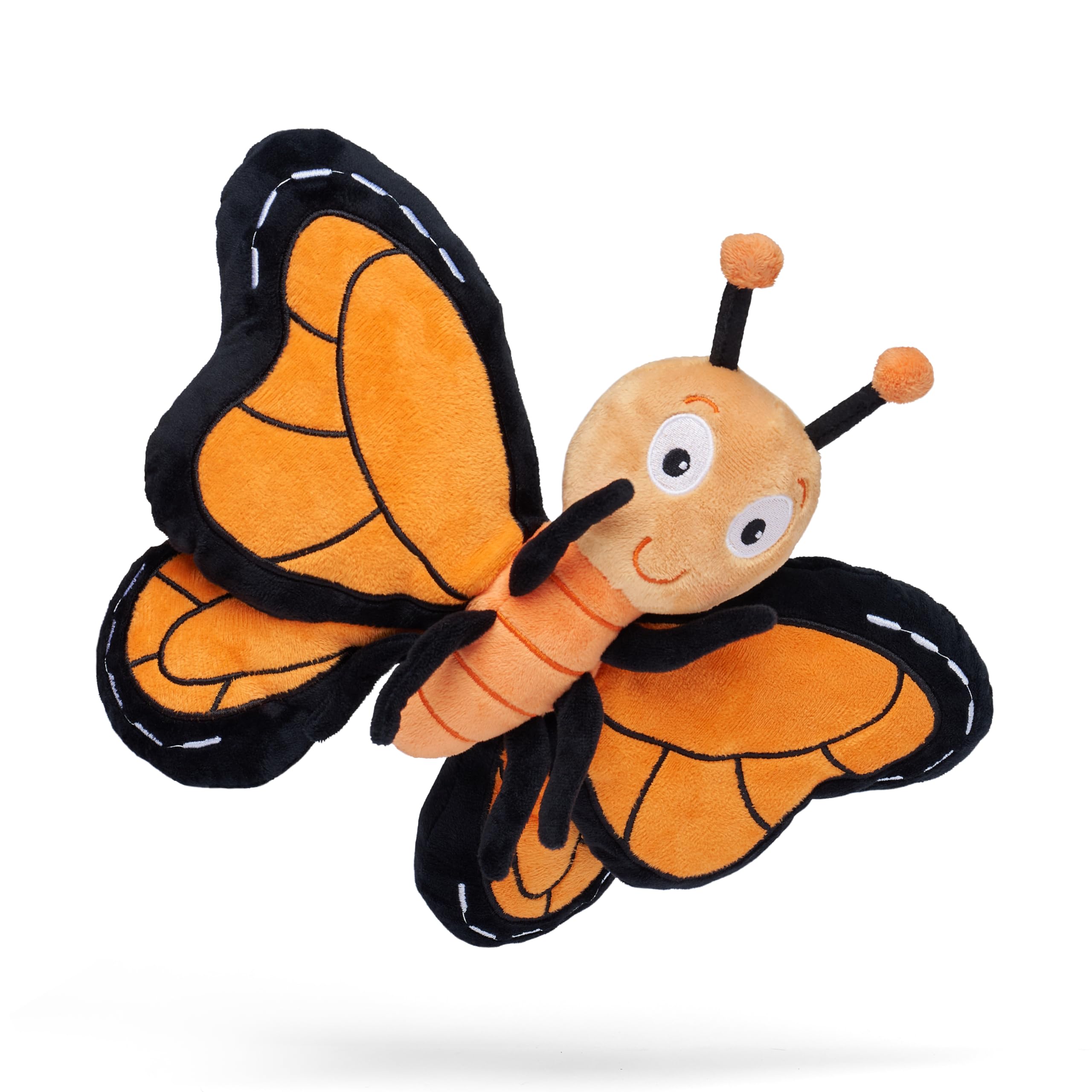Pebbles the Butterfly plush with a friendly smile for bedtime companionship.