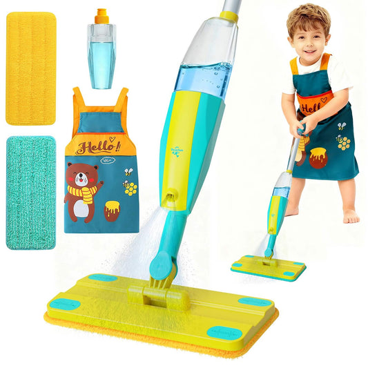 Pecarfam kids spray mop demonstrates real sprayer for authentic pretend cleaning