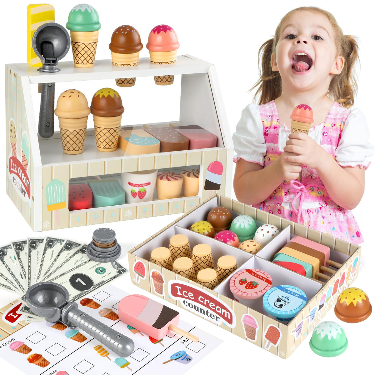 Peccera Ice Cream Toy 46-Pcs set for imaginative play with colorful scoops