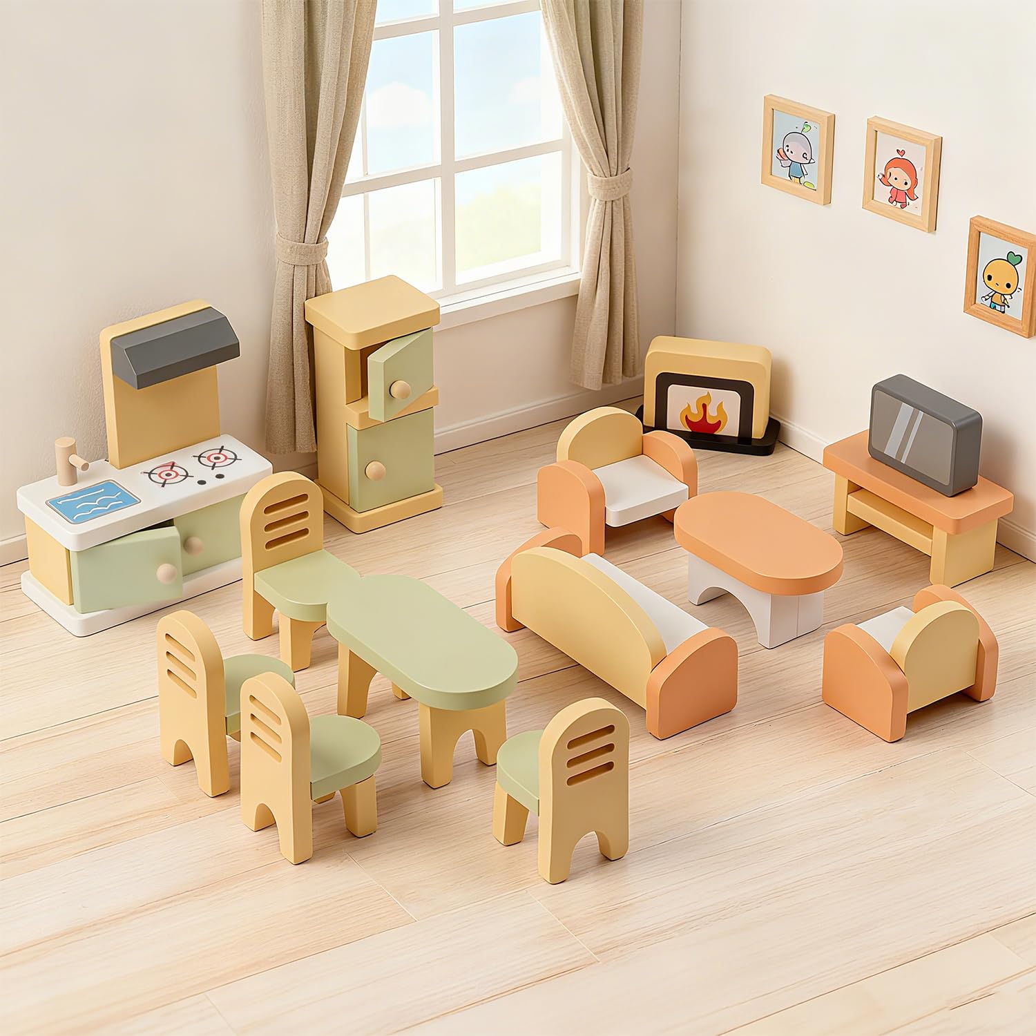 Peccvon 35PCS dollhouse kitchen with open fridge and stove for realistic play