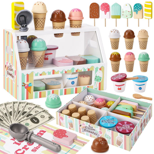 Peccvon wooden ice cream counter with colorful scoops for pretend play
