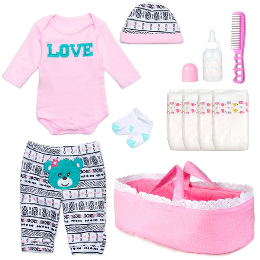 Pedolltree 11-piece reborn doll set with pink outfit and bassinet for imaginative play.