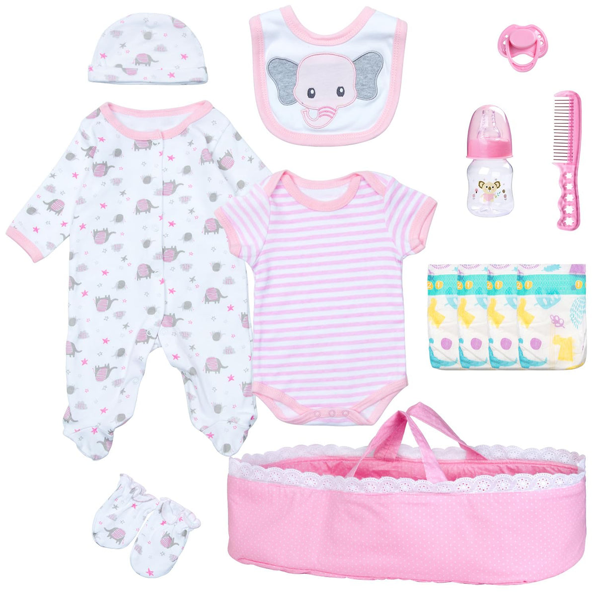 Pedolltree 13-piece pink elephant doll set for 17-22 inch reborn dolls, ideal for immersive play.