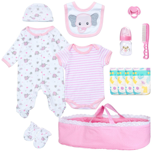 Pedolltree 13-piece pink elephant doll set for 17-22 inch reborn dolls, ideal for immersive play.