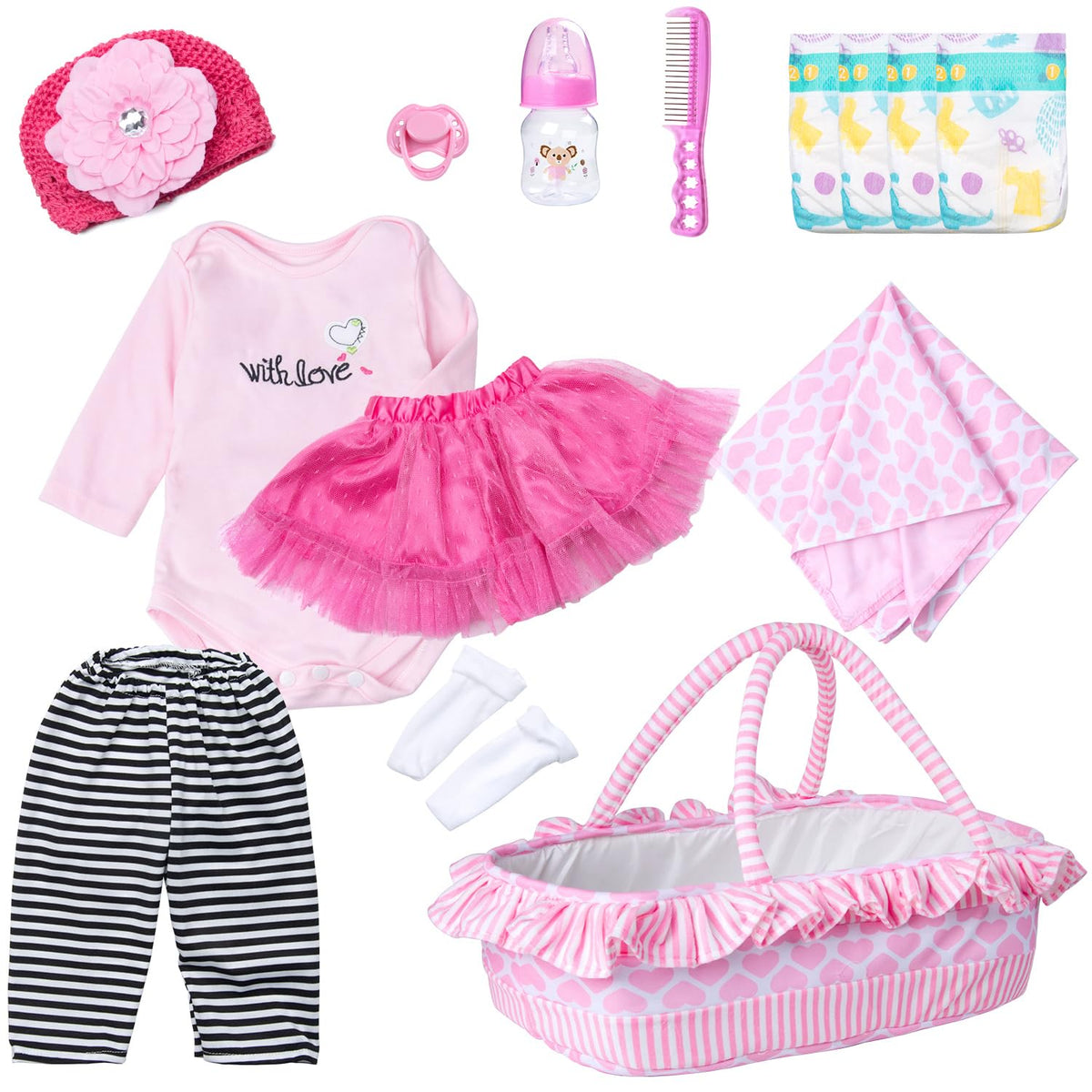Pedolltree 14-piece doll clothes set with pink heart bassinet for easy dress-up play.