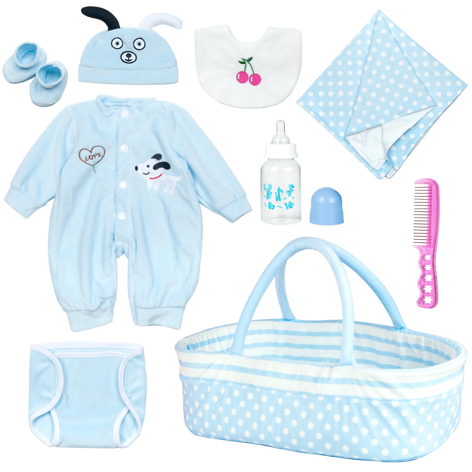 Pedolltree blue-dot bassinet image showing organized space for doll and accessories.
