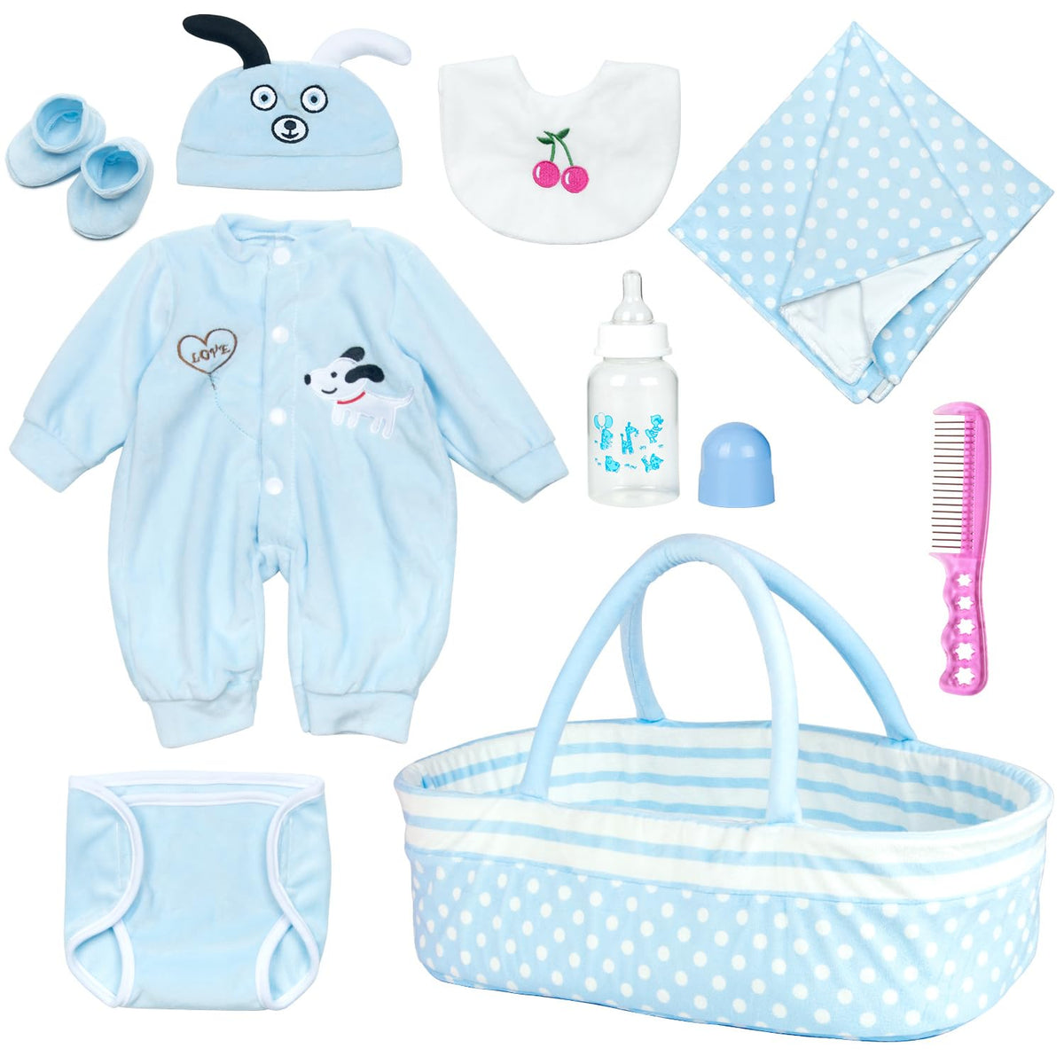 Pedolltree blue-dot bassinet image showing organized space for doll and accessories.