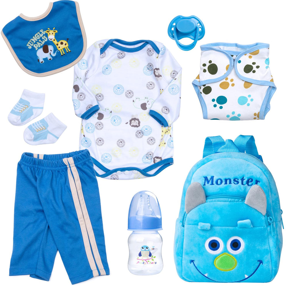 Pedolltree blue monster backpack for reborn dolls, organized play accessory.