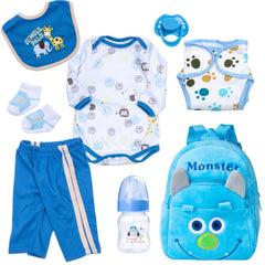 Pedolltree blue monster backpack for reborn dolls, organized play accessory.