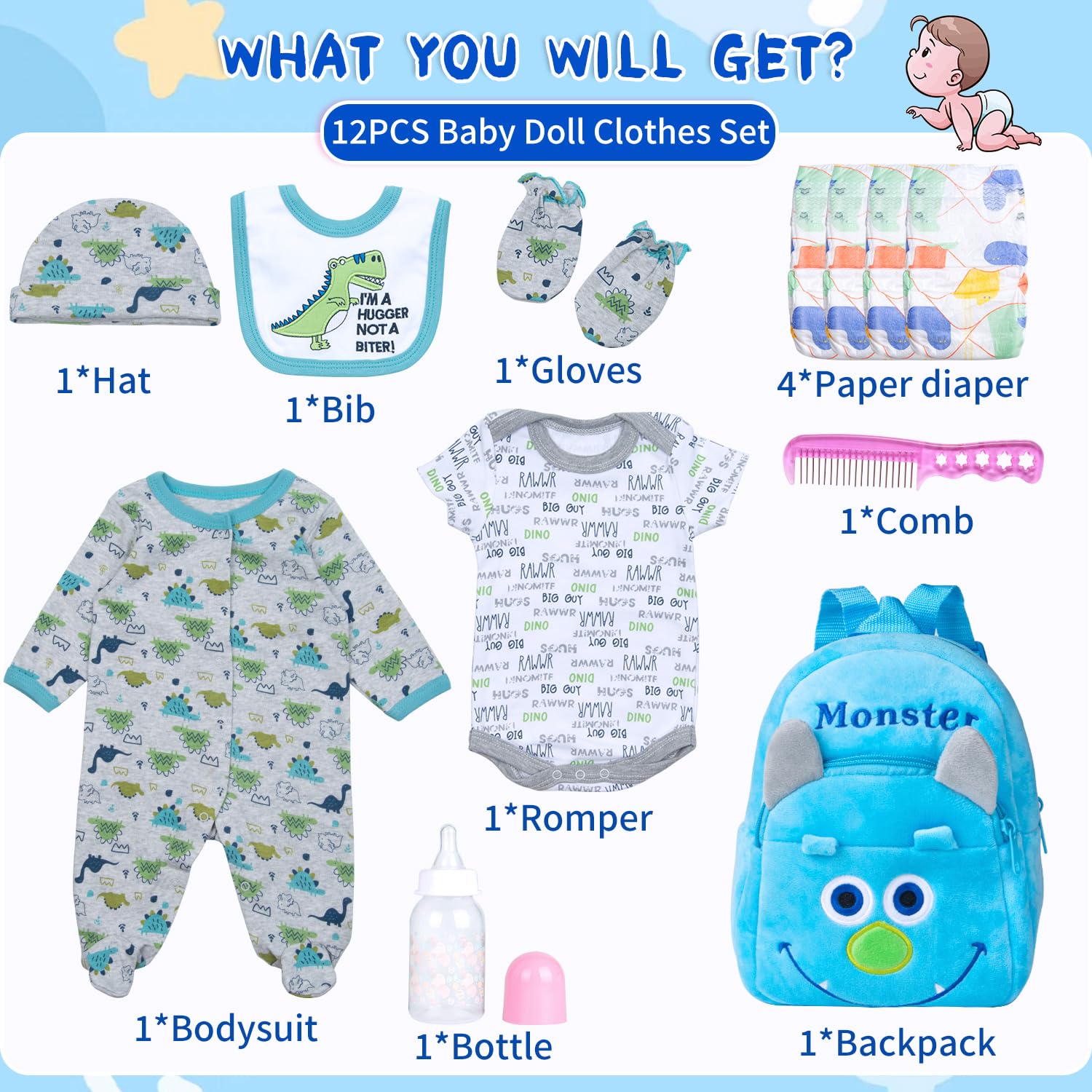 Pedolltree dino hat and bib set adds cute detailing for doll care play
