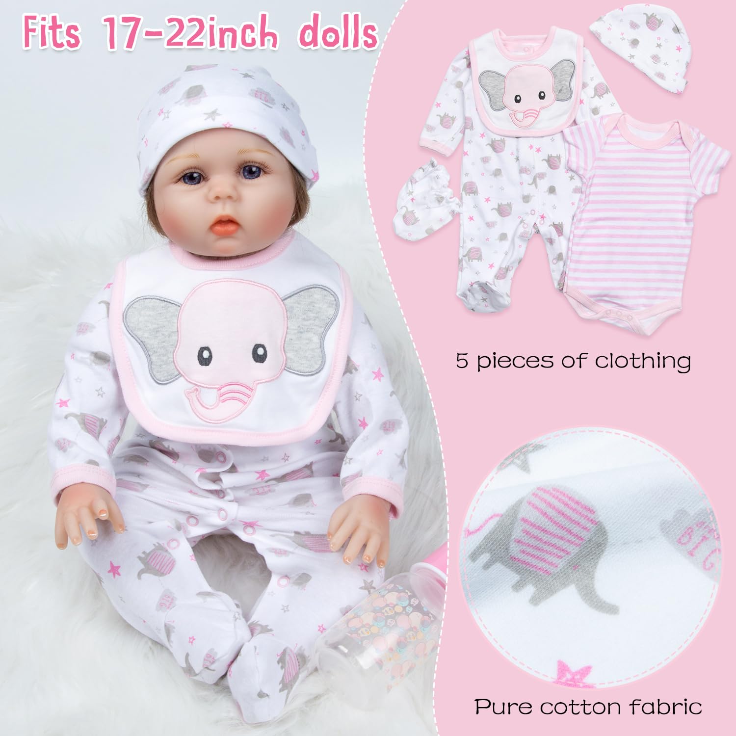 Pedolltree elephant bib enhances mealtime storytelling for 17-22 inch dolls.
