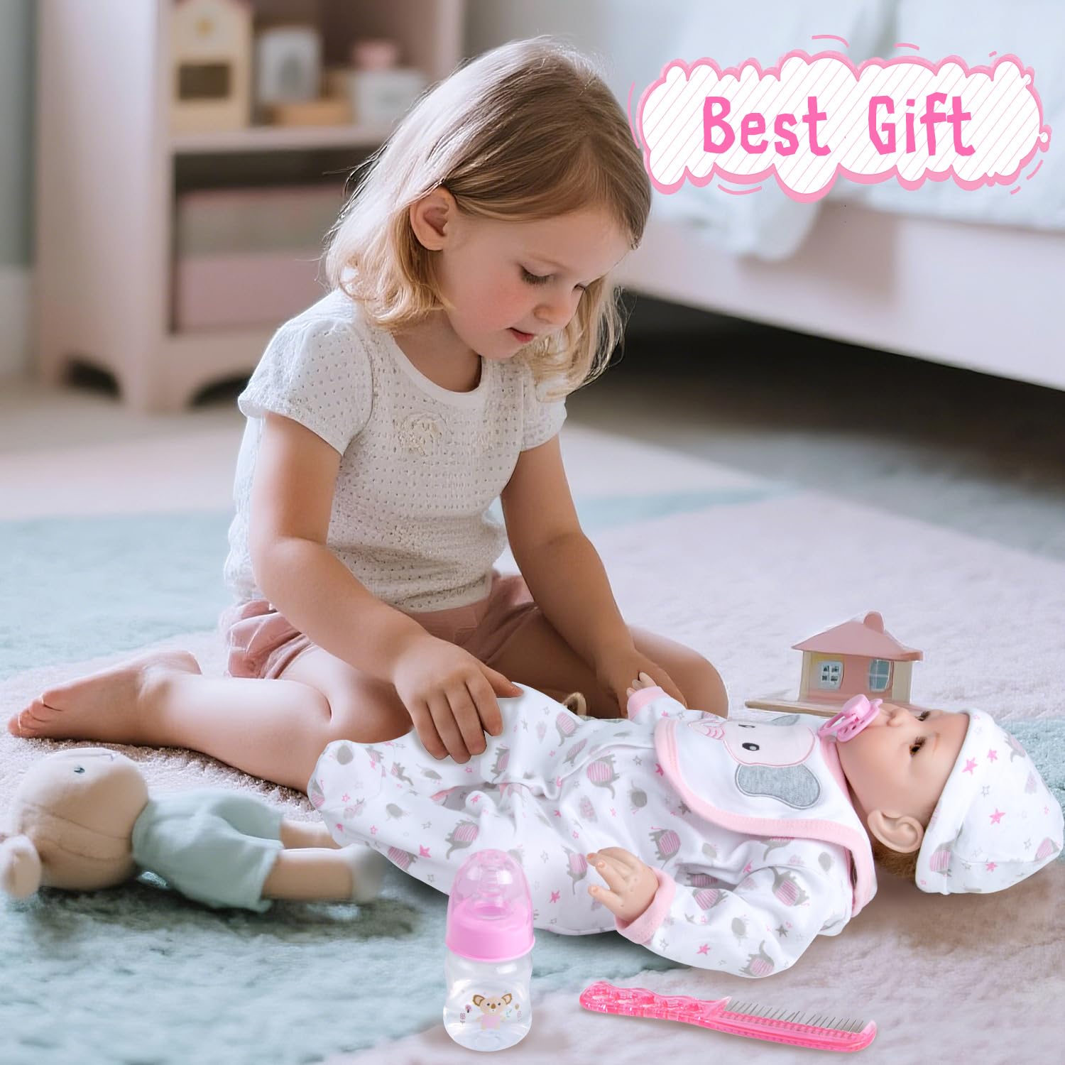 Pedolltree feeding bottle, comb, and pacifier add realistic care moments.