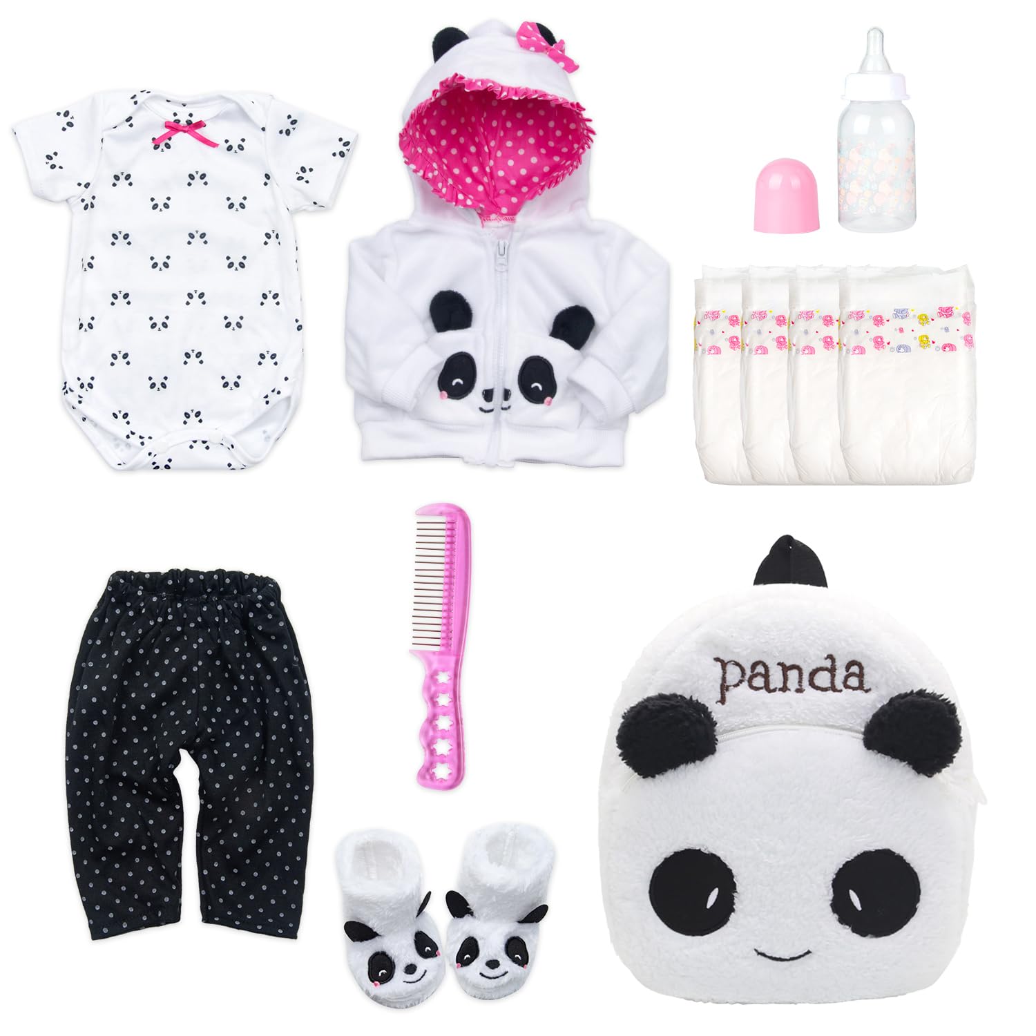 Pedolltree panda backpack for 17-19 inch reborn dolls, portable storage for outfits.