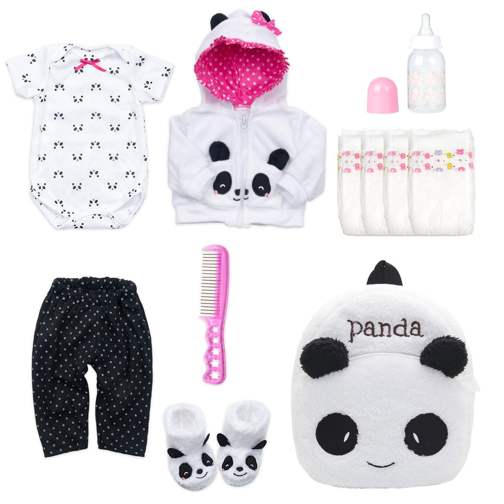 Pedolltree panda backpack for 17-19 inch reborn dolls, portable storage for outfits.