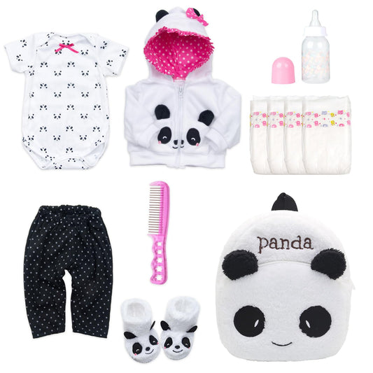 Pedolltree panda backpack for 17-19 inch reborn dolls, portable storage for outfits.