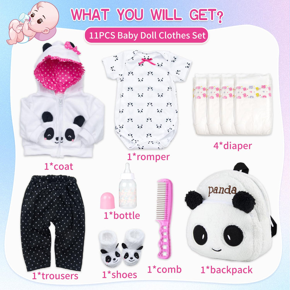 Pedolltree panda coat on a 17-19 inch reborn doll, cute and cozy styling option.