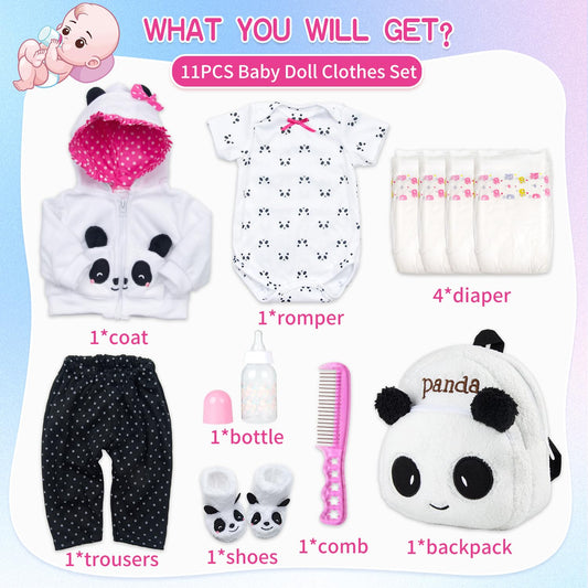 Pedolltree panda coat on a 17-19 inch reborn doll, cute and cozy styling option.