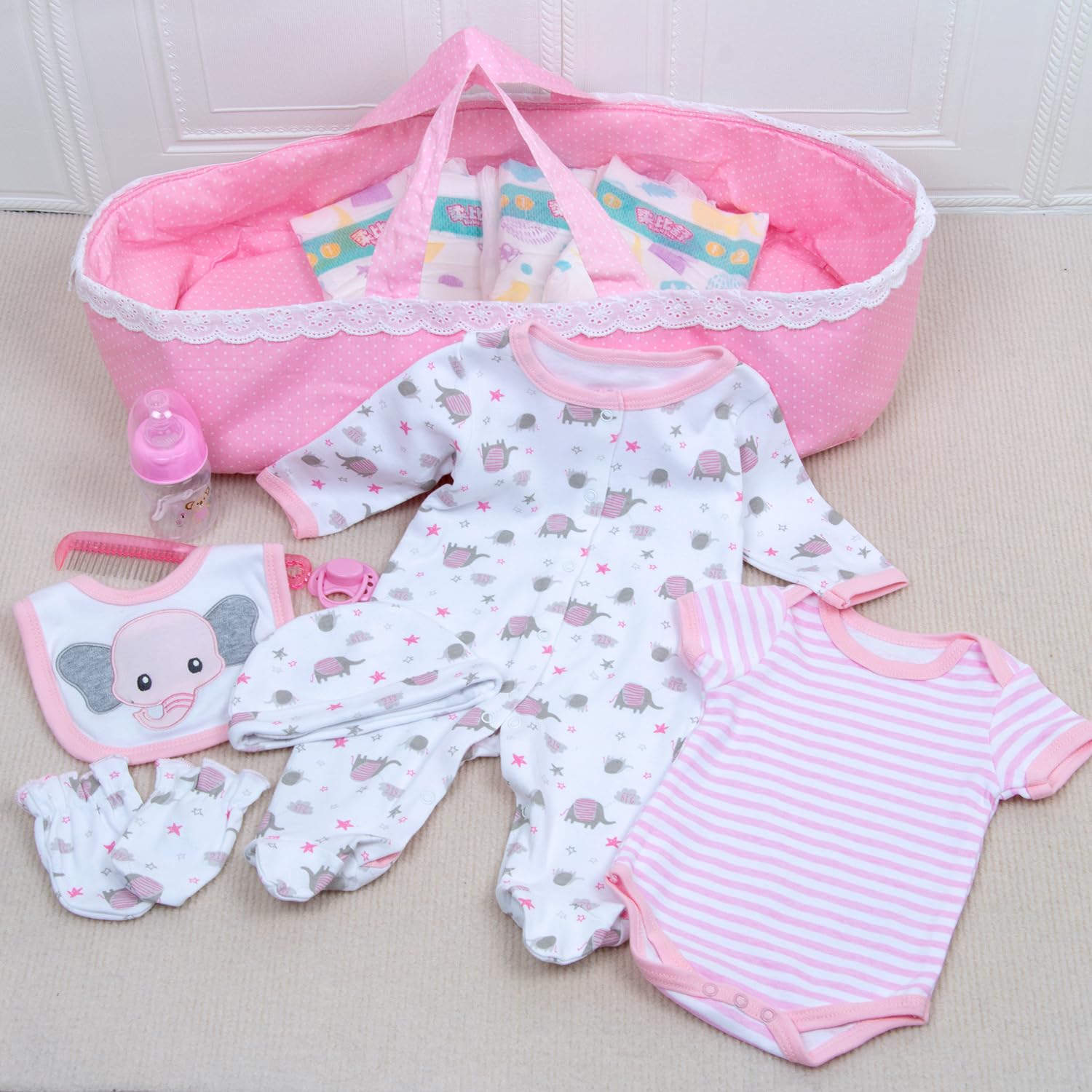 Pedolltree pink bassinet provides storage and display for dolls.