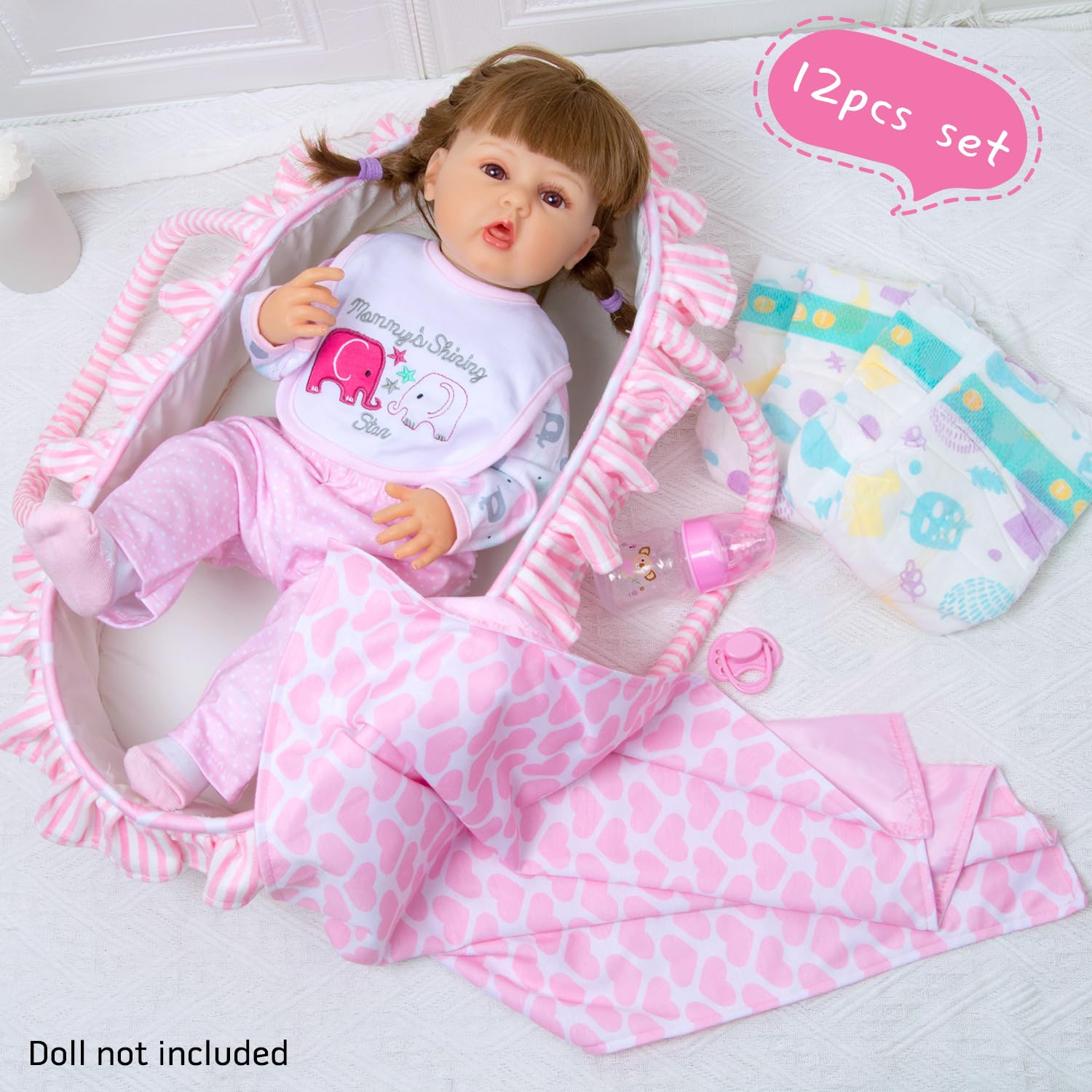Pedolltree pink heart bassinet with clothes for 17-22 inch reborn dolls.
