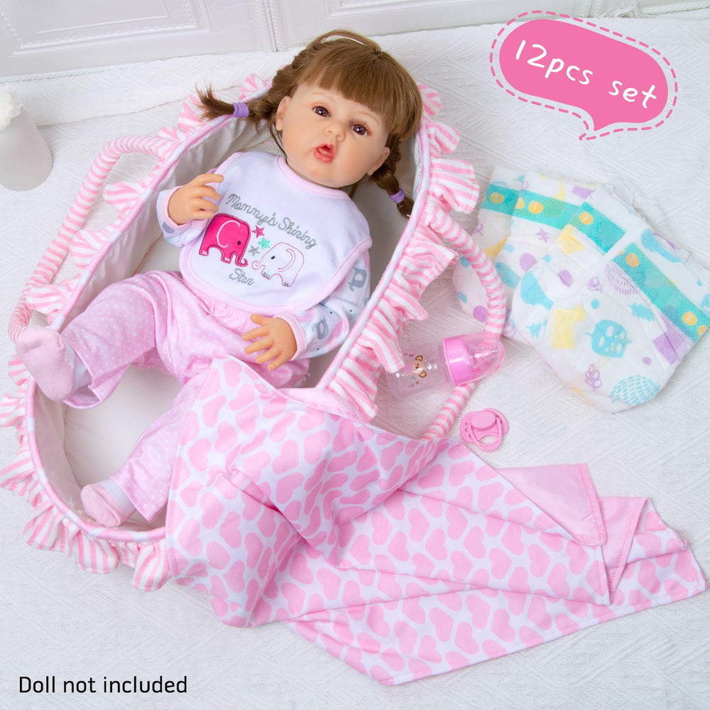 Pedolltree pink heart bassinet with clothes for 17-22 inch reborn dolls.