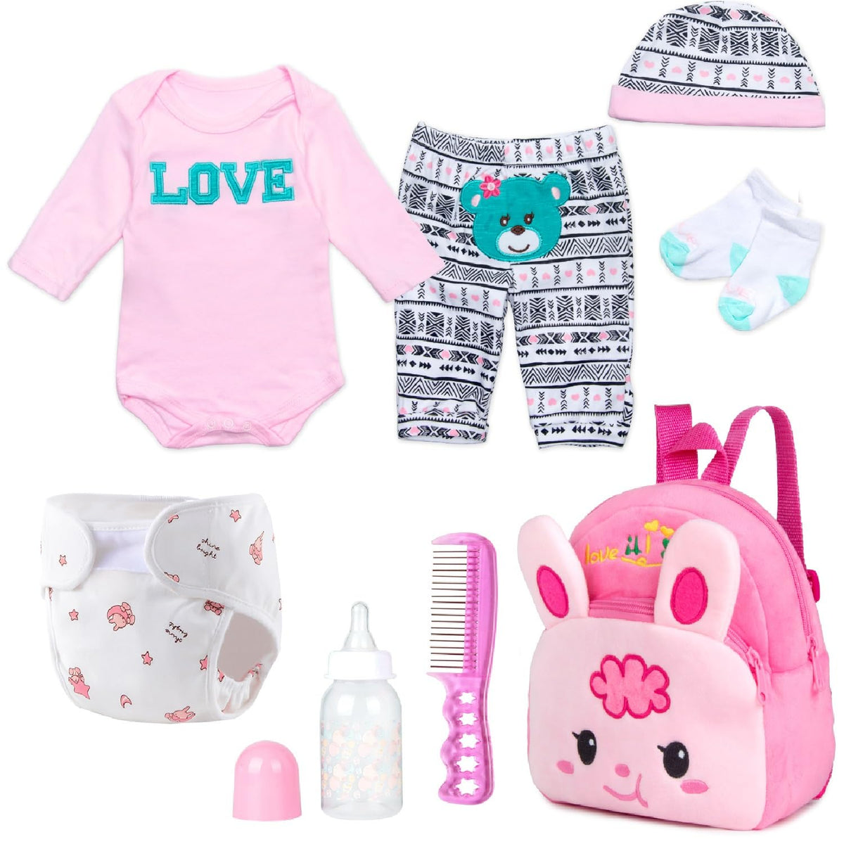 Pedolltree pink rabbit backpack displayed with reborn doll accessories for stylish play