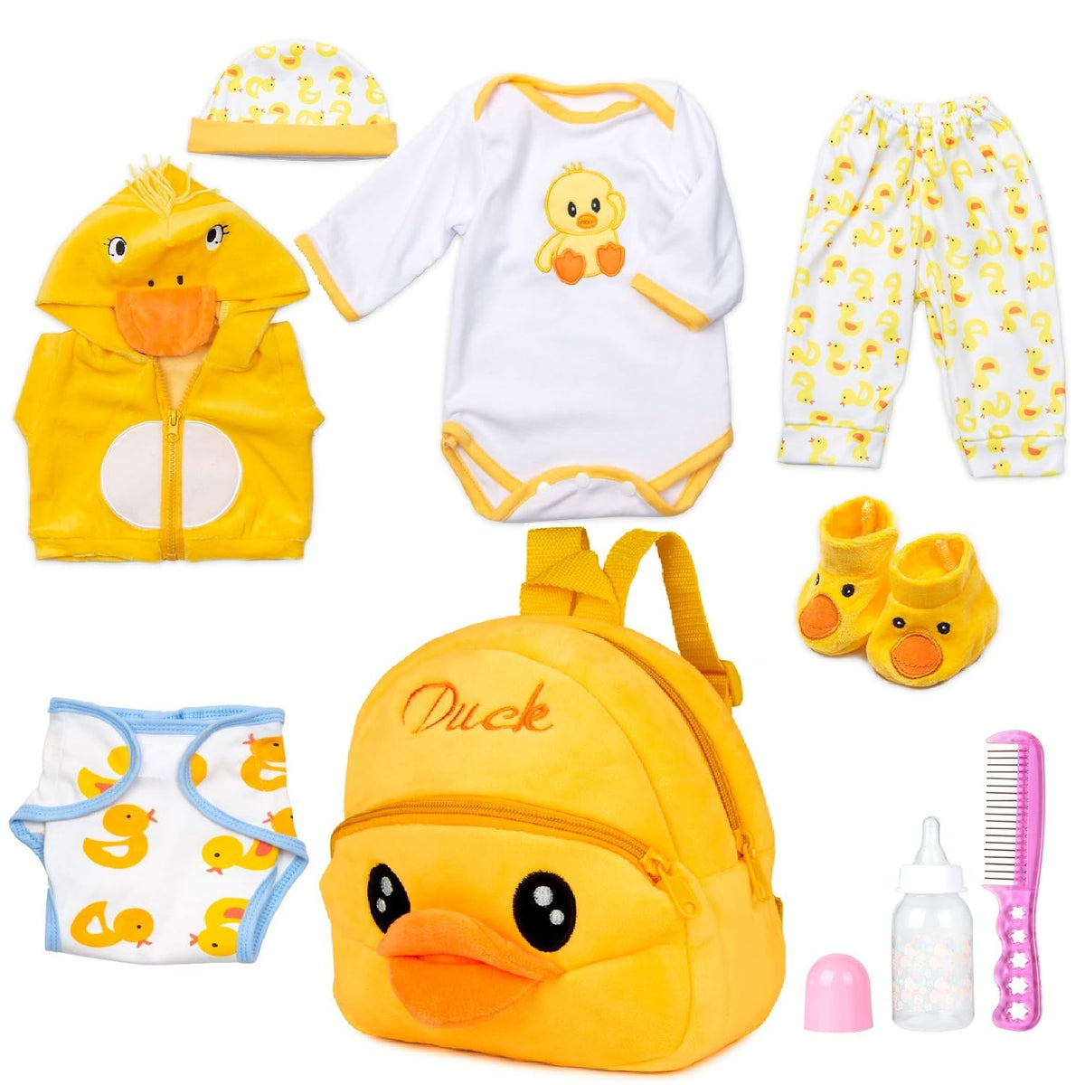 Pedolltree reborn doll with yellow duck backpack, stylish and practical.