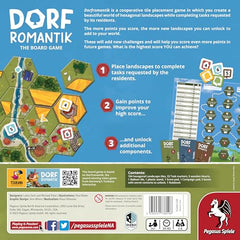 Dorfromantik board game session emphasizing cooperative tile-laying with friends.