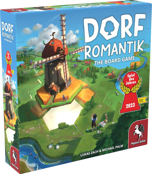 Pegasus Spiele Dorfromantik board game tiles forming a scenic landscape for family play.