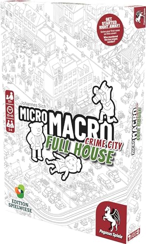 Pegasus Spiele MicroMacro Full House cards reveal 16 cases for varied challenges and replayability.
