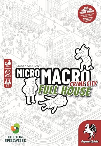 Pegasus Spiele MicroMacro Full House magnifying glass helps players inspect clues with precision.