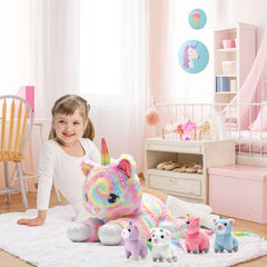 Pegmapri rainbow-horn unicorn cat plush for imaginative play.