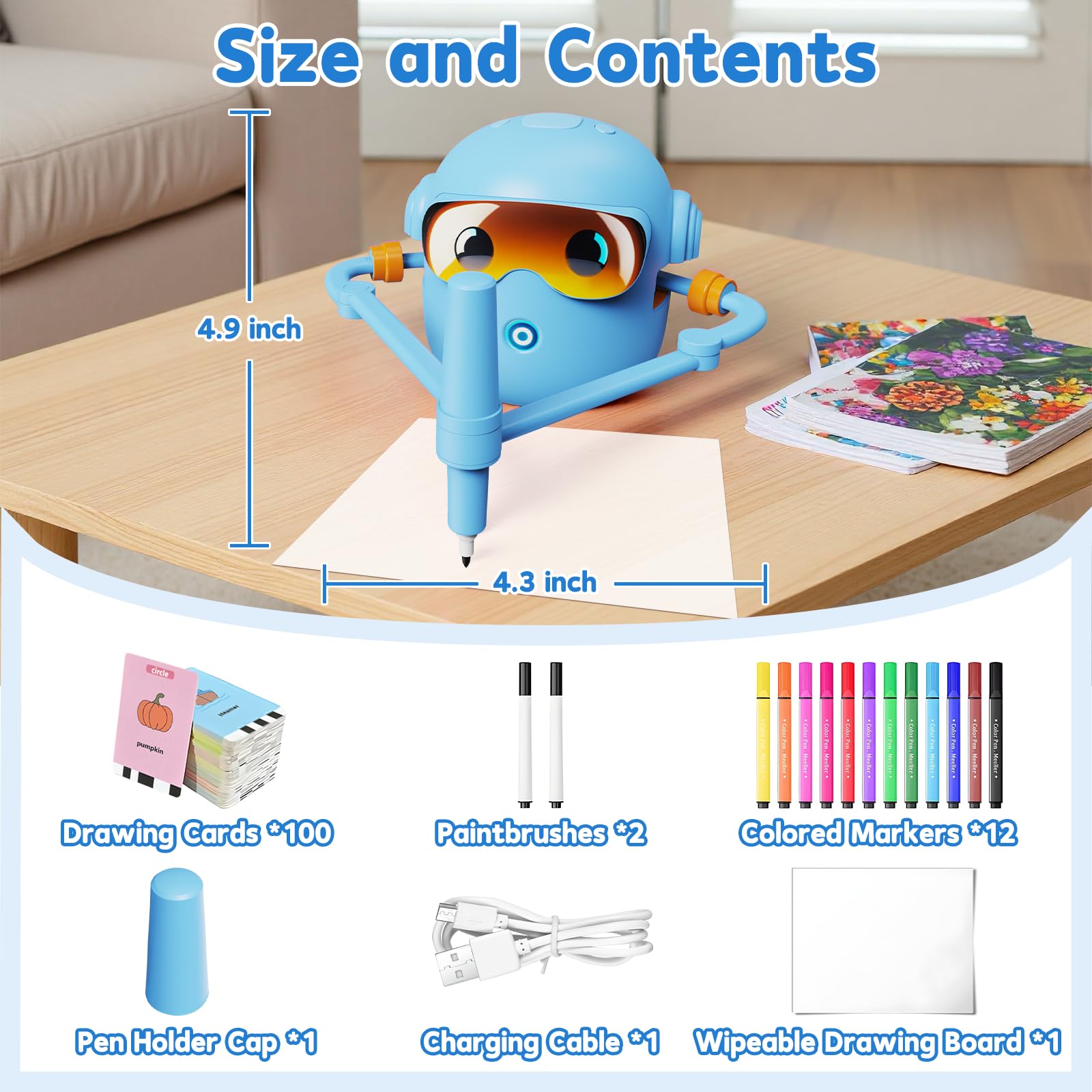 Peledic drawing robot USB-C charging for convenient recharging.