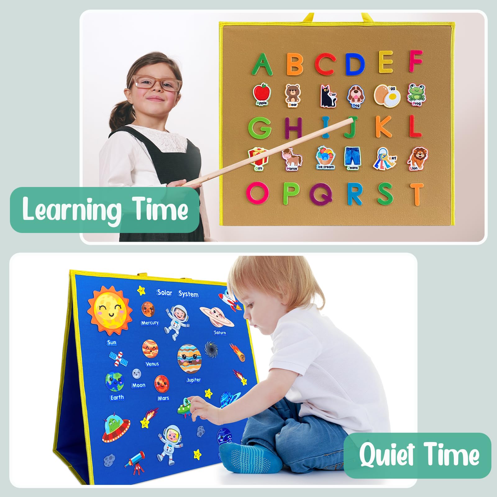 Pengfull flannel board on stand or wall for flexible classroom use.
