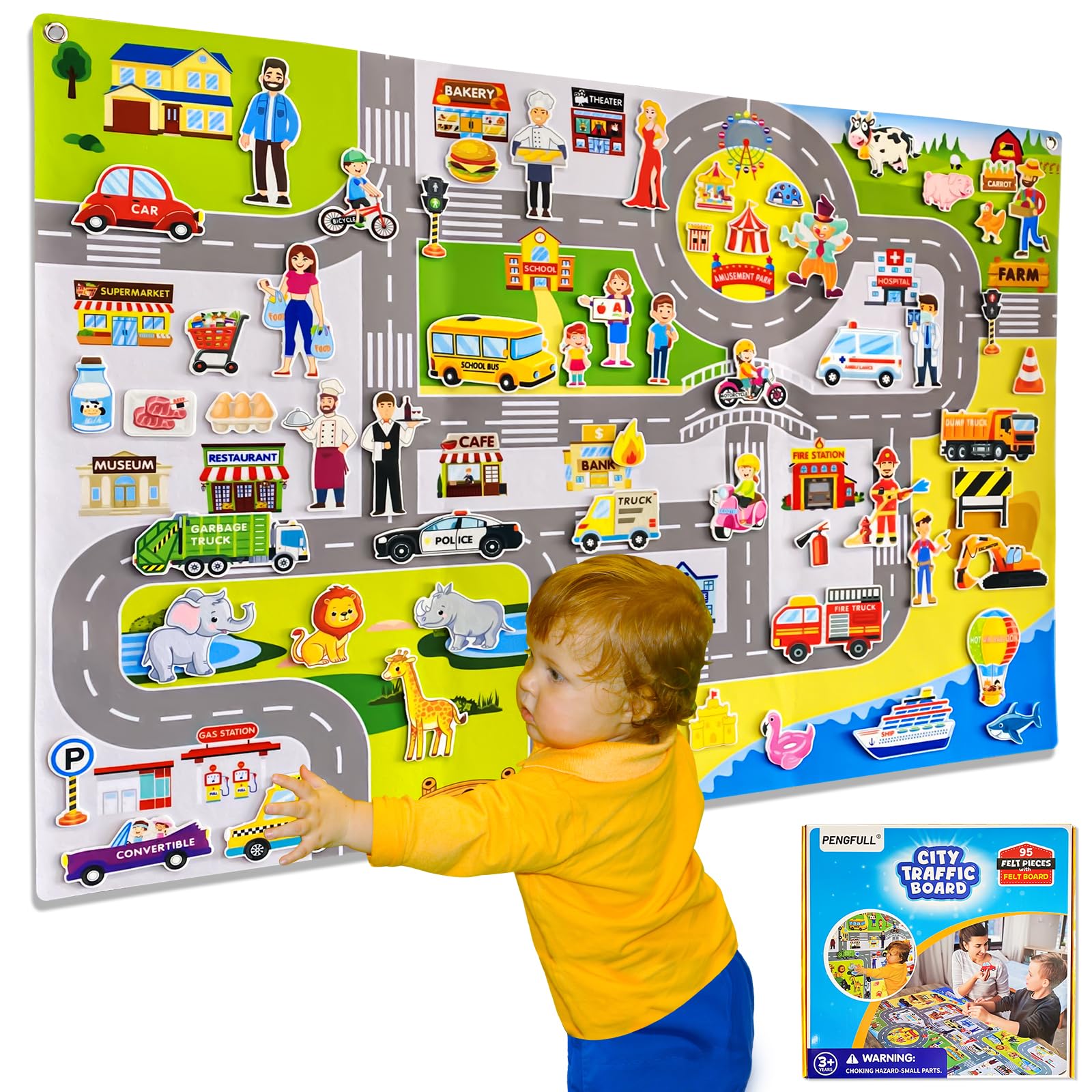 PengFULL Transportation Felt Story Board Set on wall for imaginative play and learning
