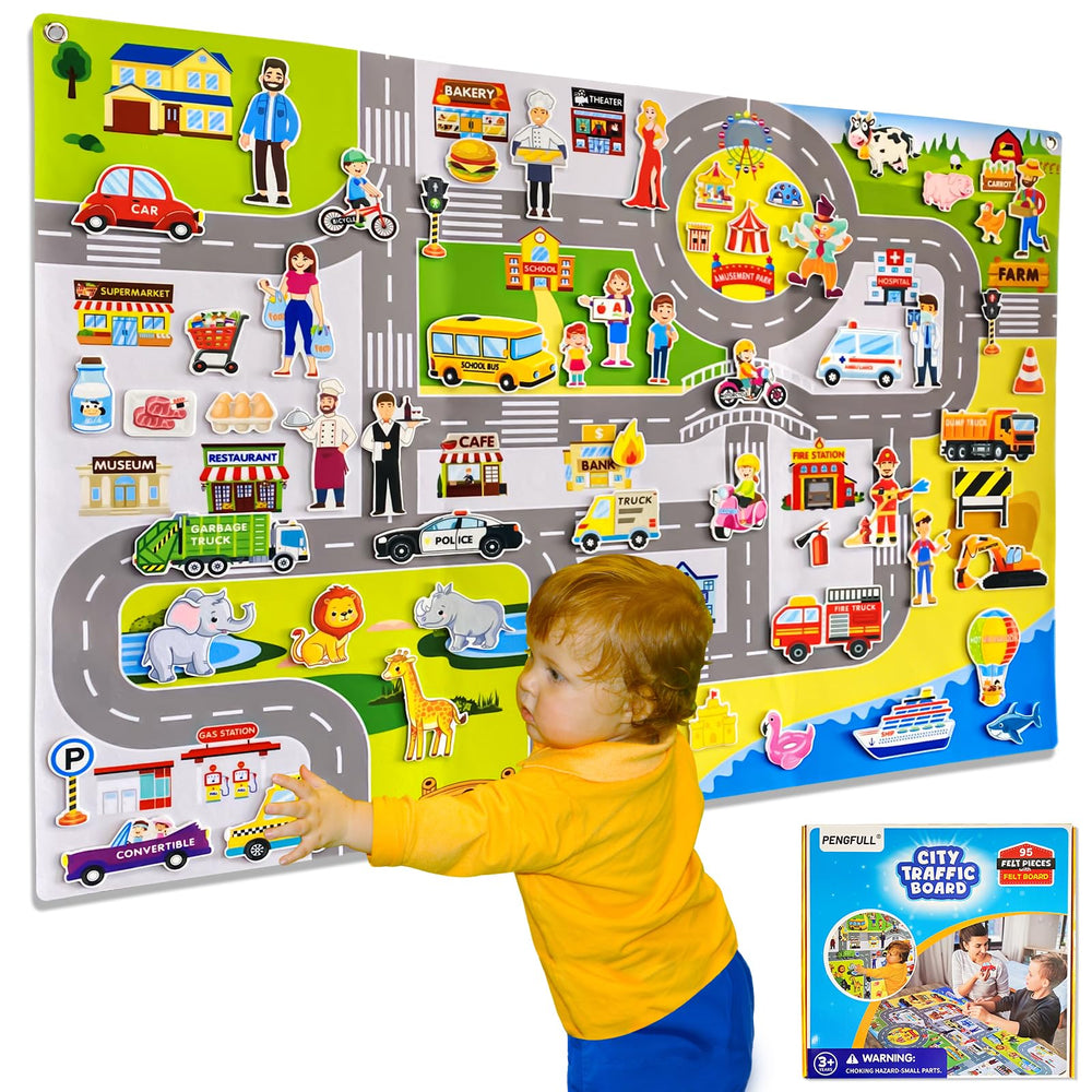 PengFULL Transportation Felt Story Board Set on wall for imaginative play and learning