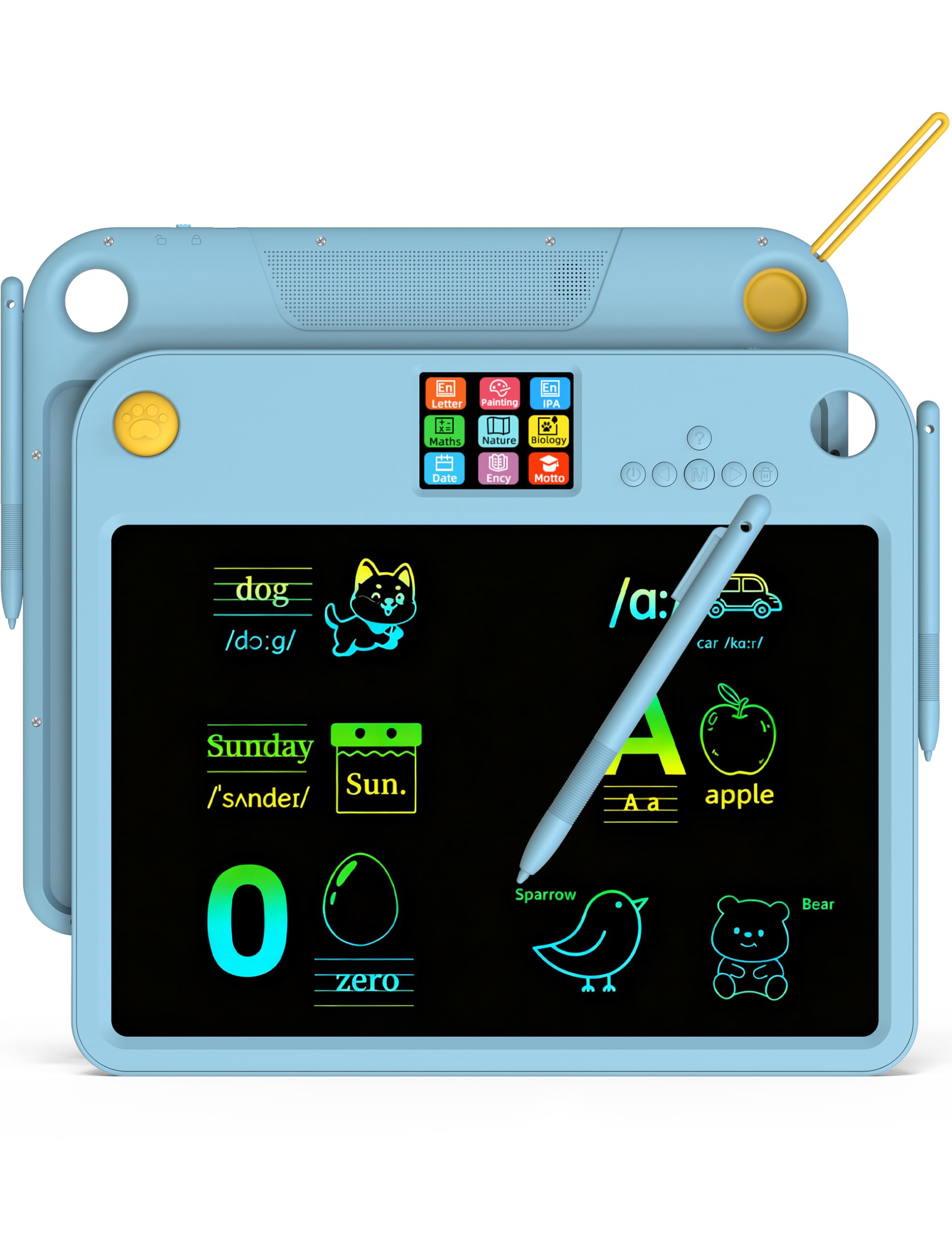 PEPEUNI LCD writing tablet front view shows dual-screen learning setup.