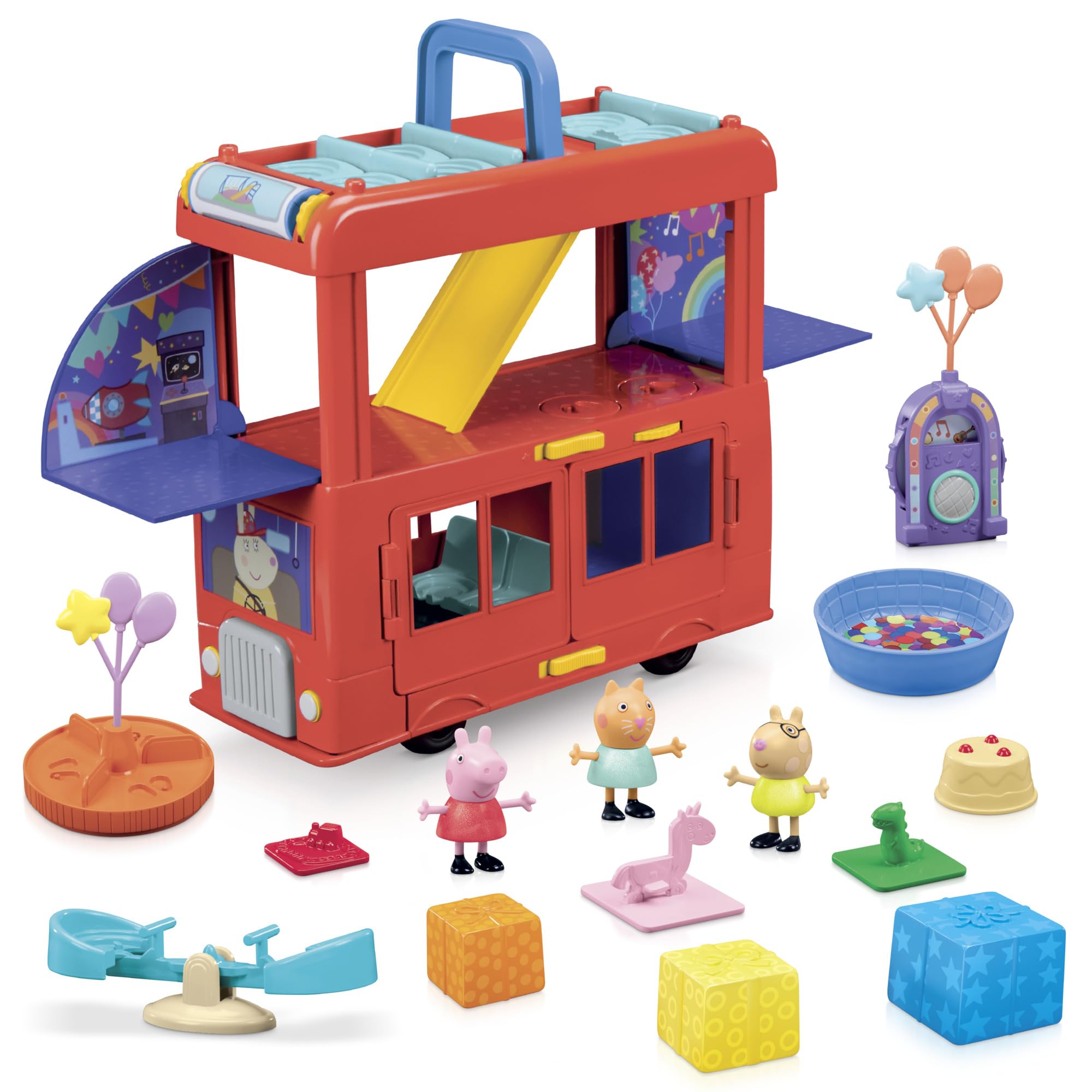 Peppa Pig 2-in-1 Party Bus opened to reveal three levels for imaginative party play.