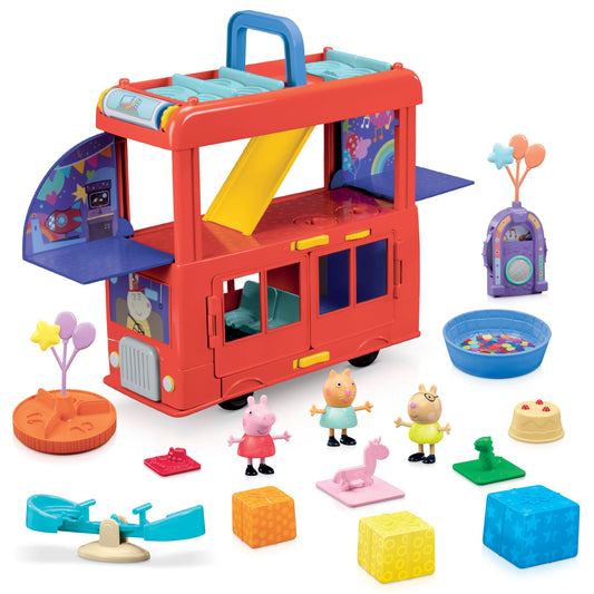 Peppa Pig 2-in-1 Party Bus opened to reveal three levels for imaginative party play.