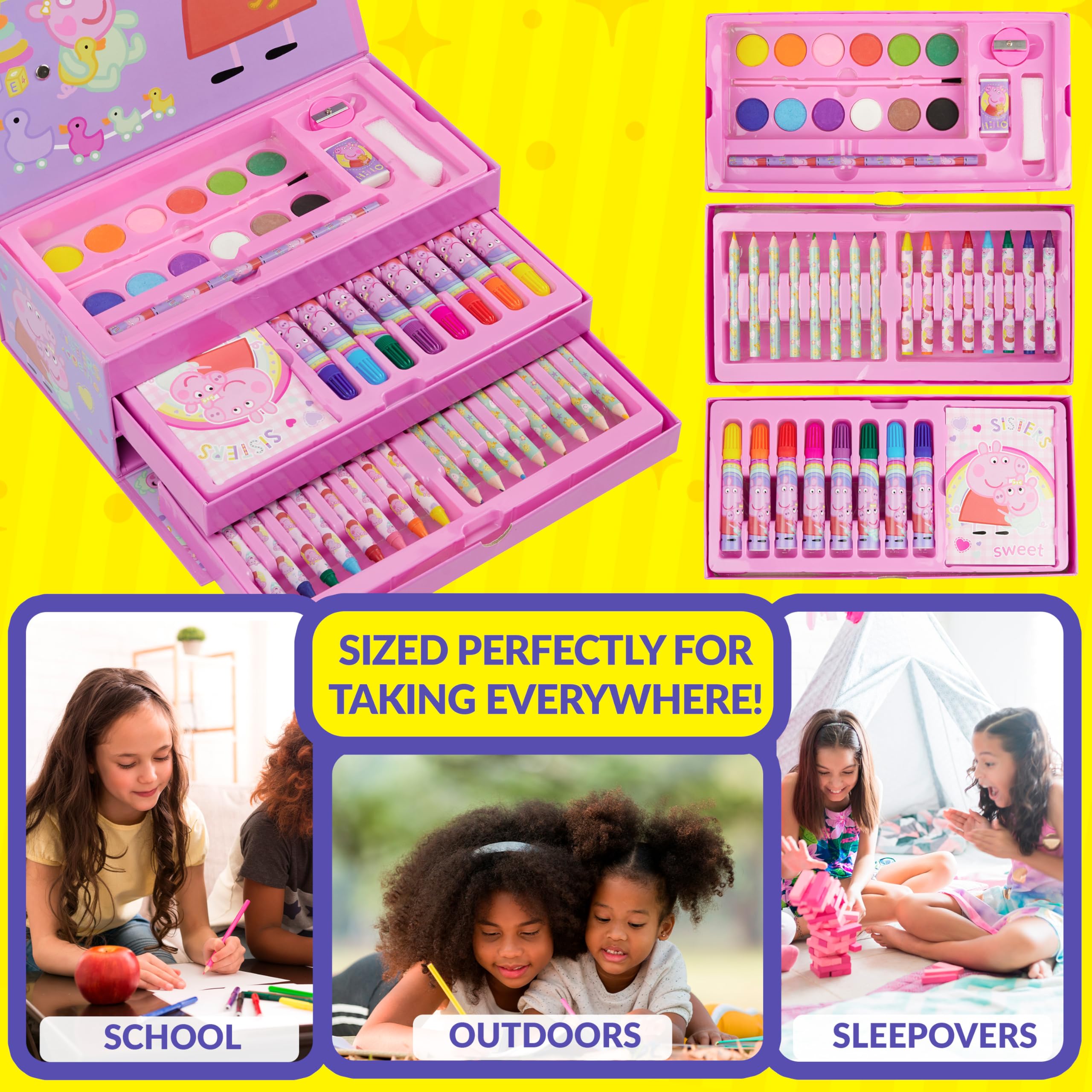 Open Peppa Pig art case reveals color palette for home art sessions.