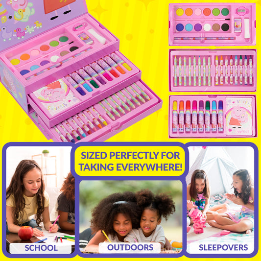 Open Peppa Pig art case reveals color palette for home art sessions.