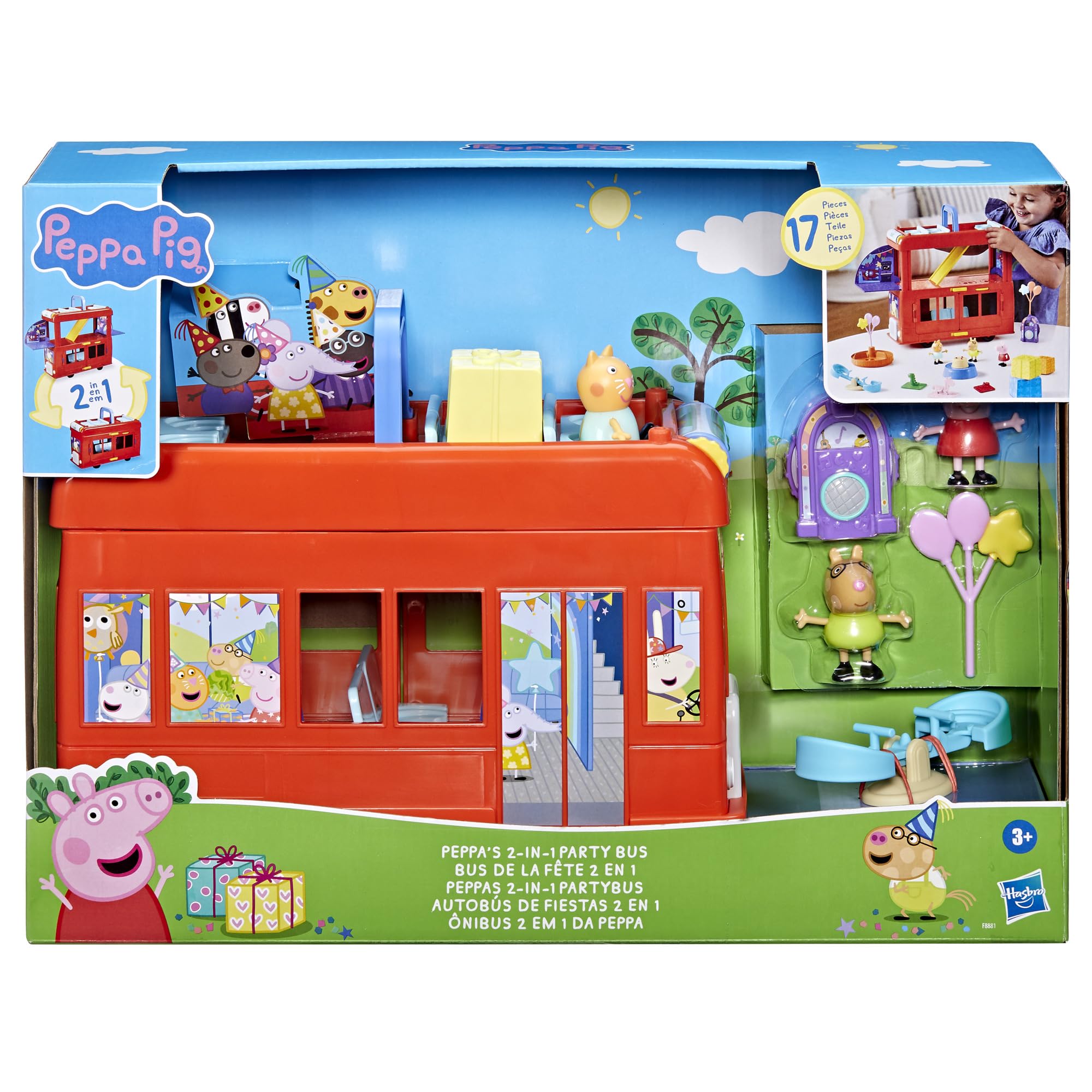 Peppa Pig double-decker bus with three floors for storytelling adventures.