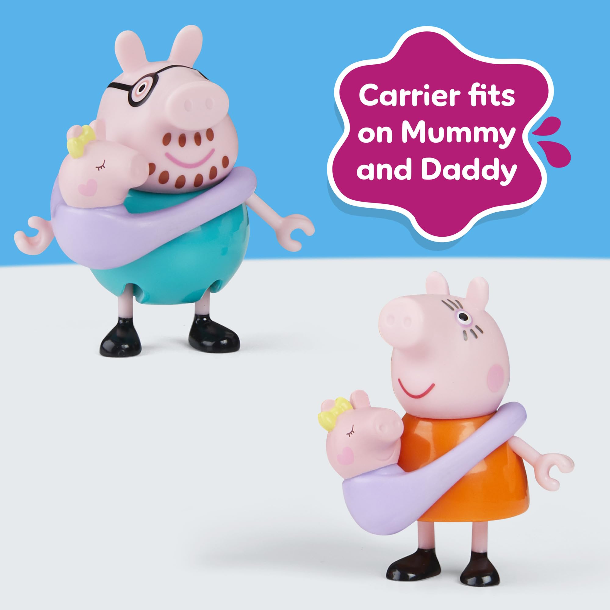 Peppa Pig Baby Evie in carrier for adventures.