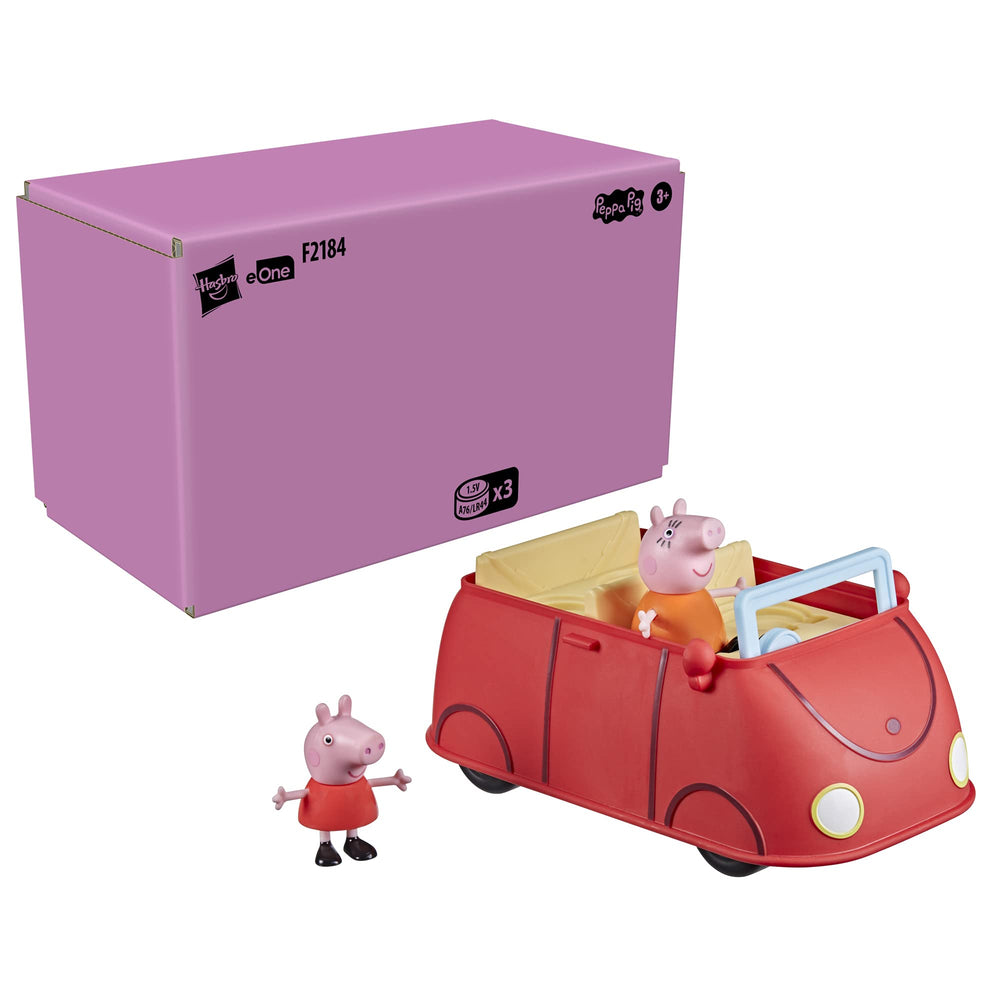 Peppa Pig red car open trunk supports exploration and pretend shopping.
