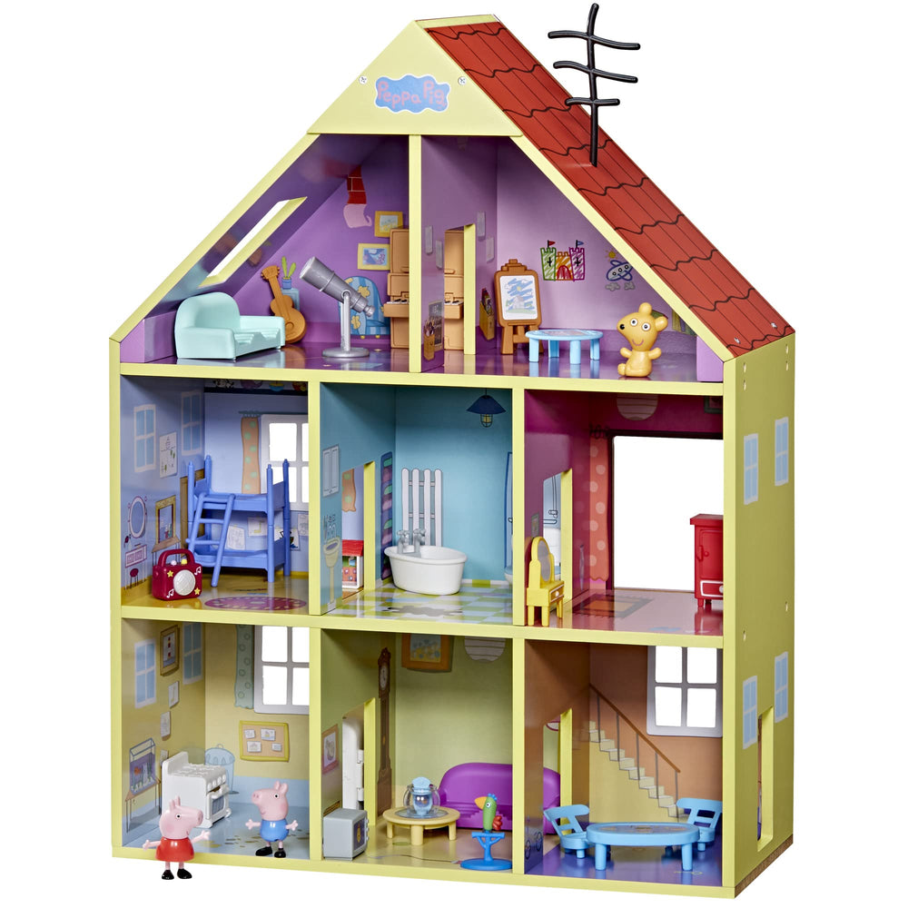 Peppa Pig Wooden Deluxe Playhouse front view shows durable wood for long-lasting imaginative play.