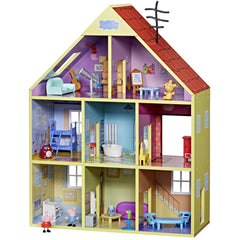 Peppa Pig Wooden Deluxe Playhouse front view shows durable wood for long-lasting imaginative play.