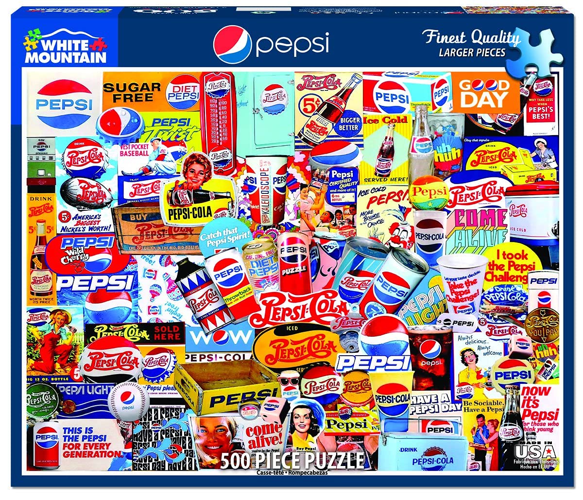 Pepsi advertising logos and retro packaging create a bold, colorful 500-piece challenge.