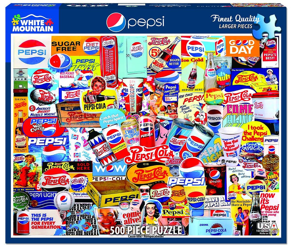 Pepsi advertising logos and retro packaging create a bold, colorful 500-piece challenge.